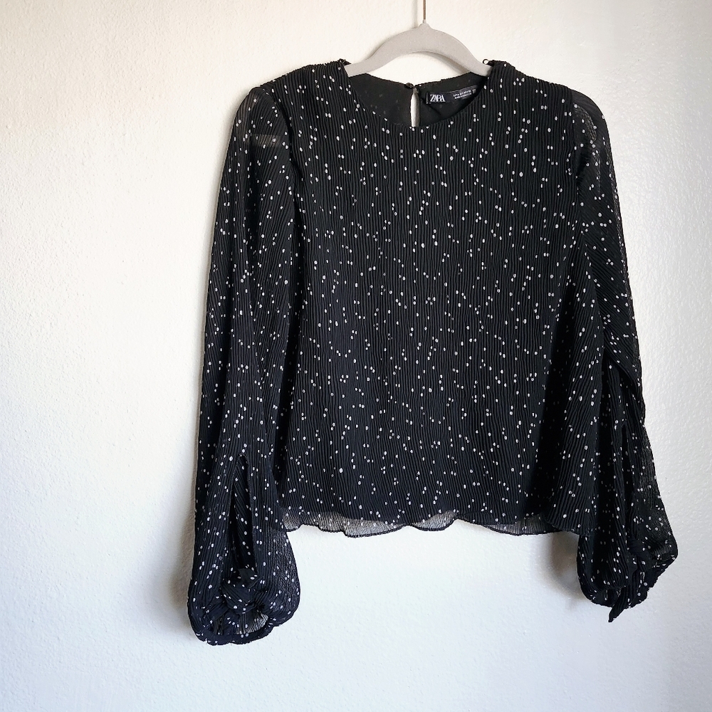 ZARA Black Polka Dot Blouse S Semi-Sheer Romantic Top Parisian Chic Feminine
